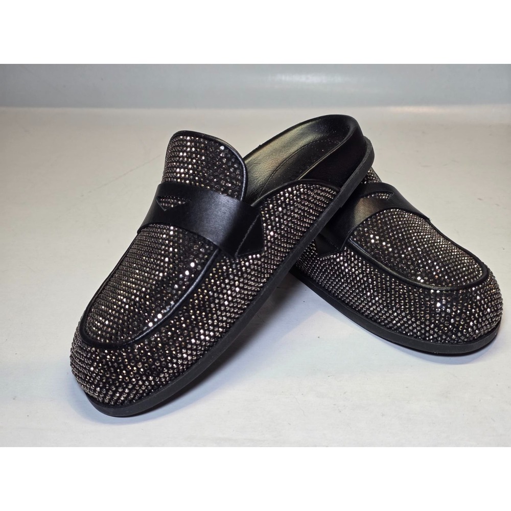Schutz Ava Women's Shoes Size 7 B Black Leather Mule Metallic Slip On Slides